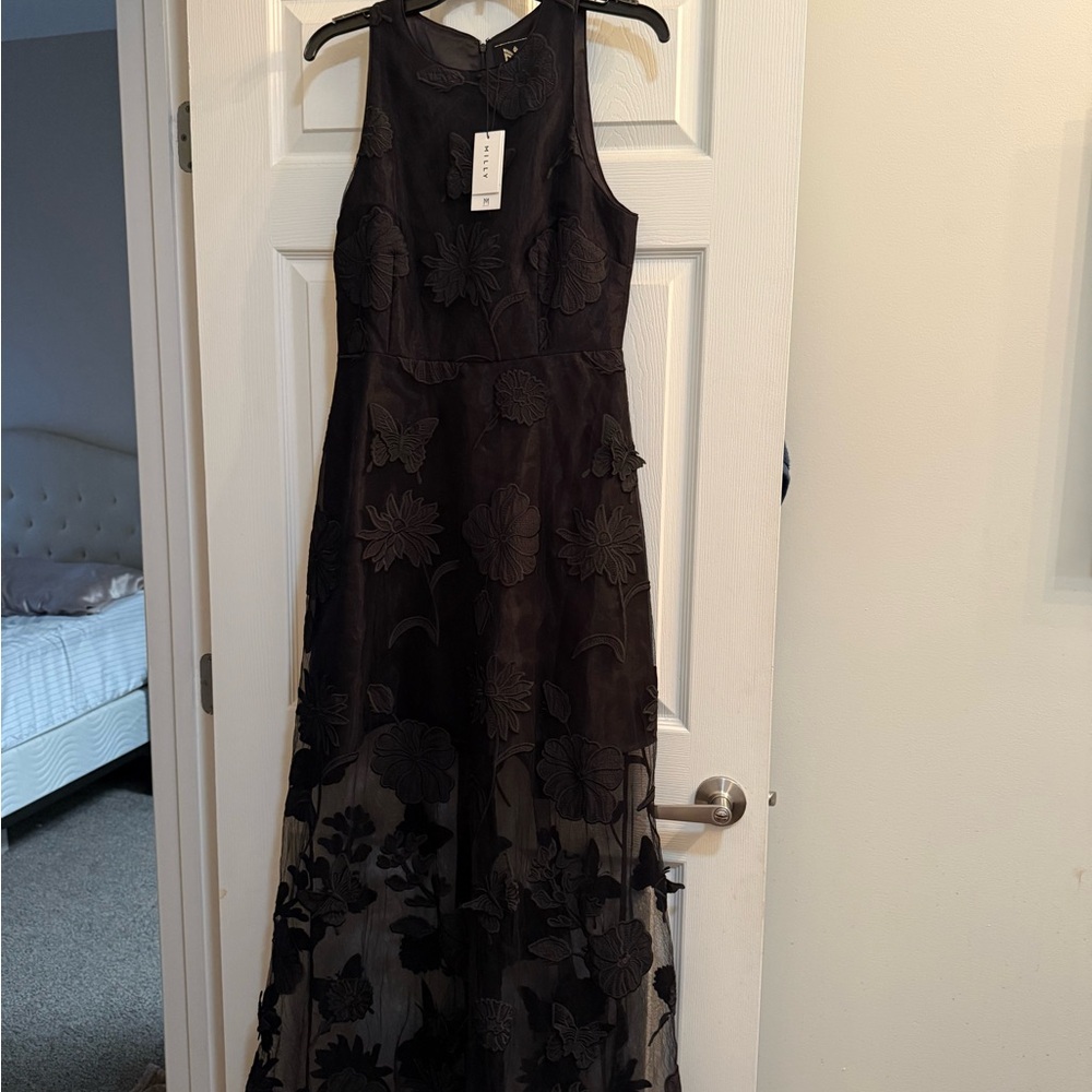 Milly Black Sheer Floral Maxi Dress